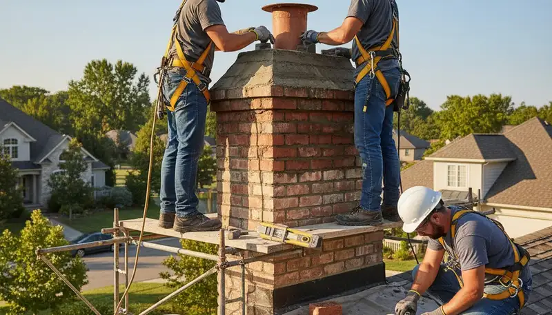 Philadelphia, PA chimney repair for siding business, fixing cracked brick and damaged mortar on exterior wall