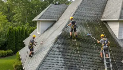 Roof cleaning service in Philadelphia, PA removing moss and algae buildup from a residential roof