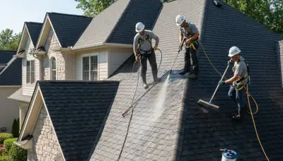 Roof cleaning service in Philadelphia, PA removing moss and algae from a home roof