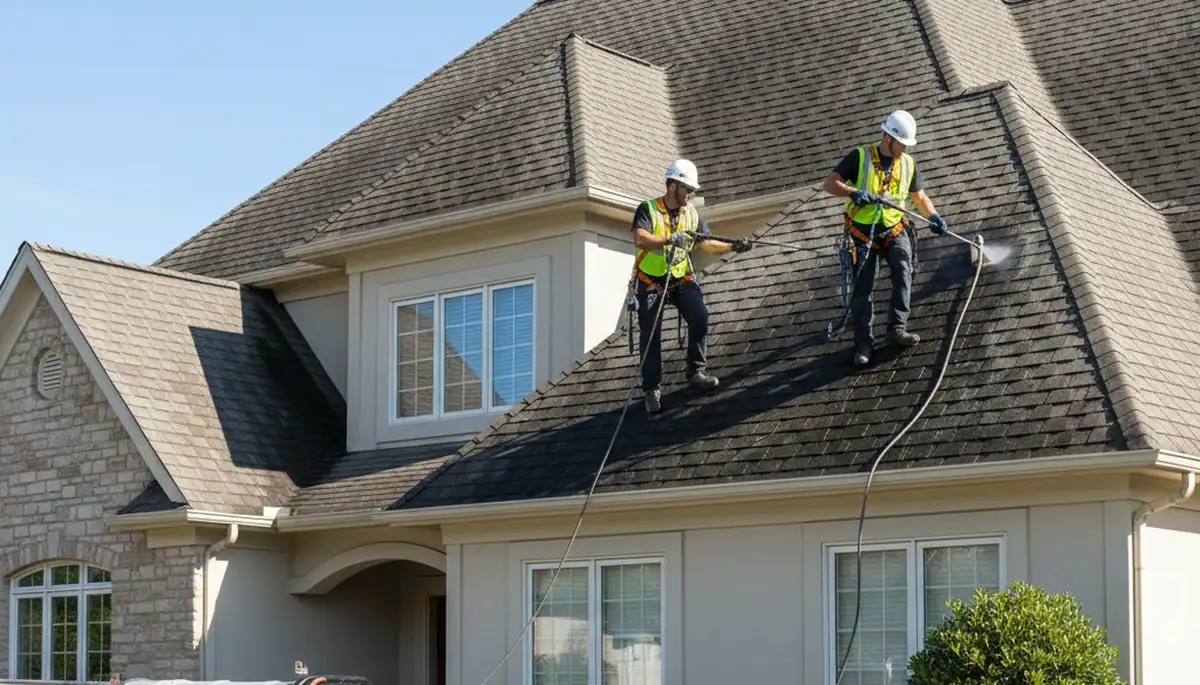 Roof cleaning service in Philadelphia, PA removing moss and algae from a residential roof